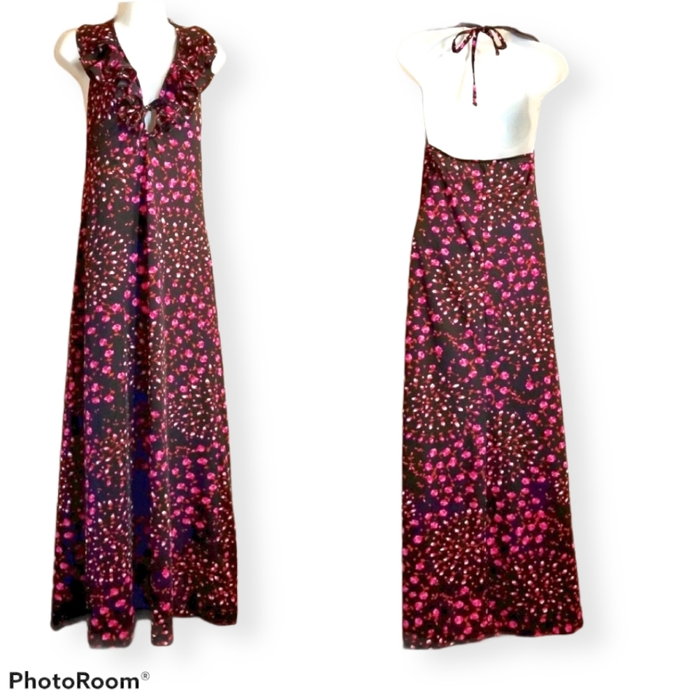 🌸 Vintage 60s Halter Maxi Dress Floral Boho S 🏖️ - Picture 2 of 9